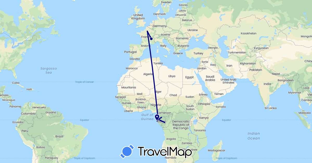 TravelMap itinerary: driving in France, Gabon (Africa, Europe)